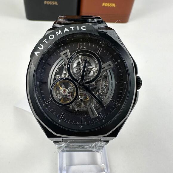 Fossil Mens Automatic Watch Skeleton Evanston Black Stainless Steel BQ2621 - Picture 2 of 8